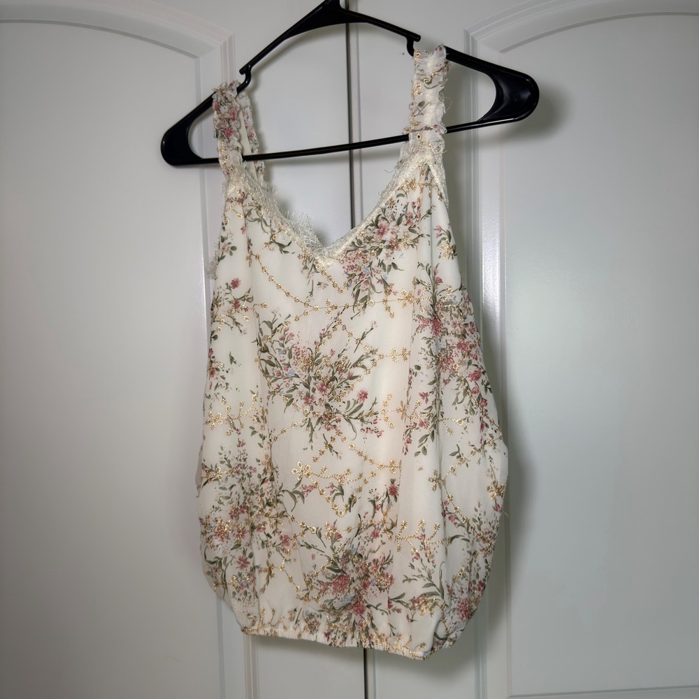 Daytrip Floral Lace Trim Camisole Top Gold Metallic Embroidery Cream Small